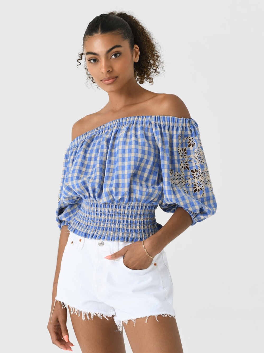 Blue Gingham Off-Shoulder Smocked Waist Blouse